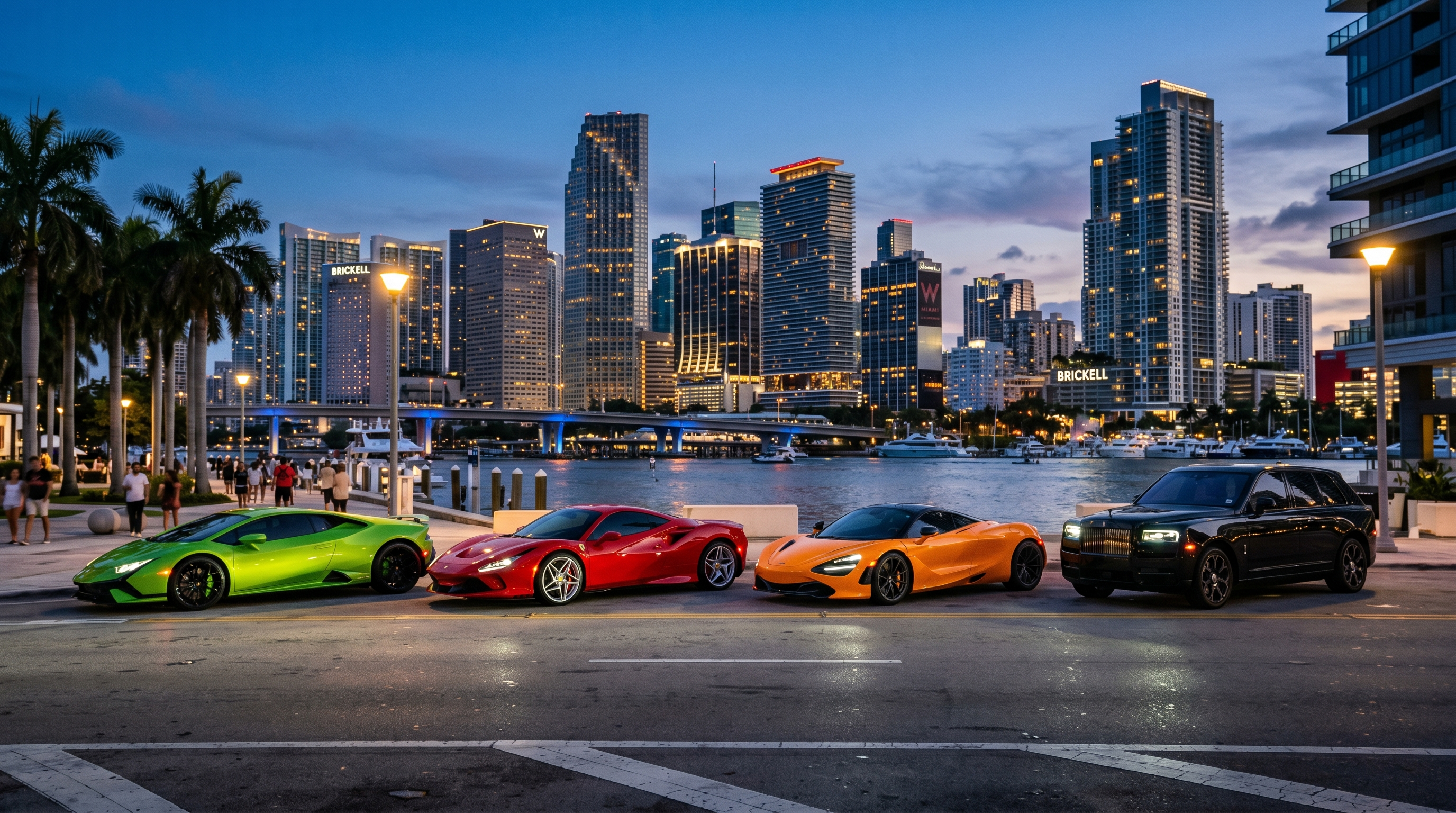 Multiple exotic supercars lined up side by side — Lamborghini Huracan, Ferrari F8, McLaren 720S, Rolls-Royce Cullinan in Miami Brickell at dusk with city skyline backdrop