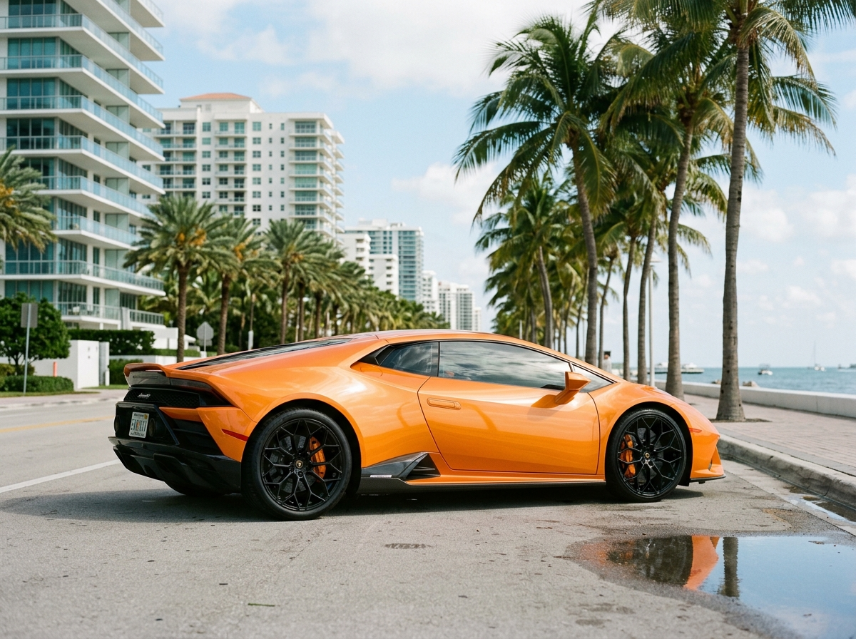 2023 Lamborghini Huracan EVO in Miami — side profile shot, exotic supercar