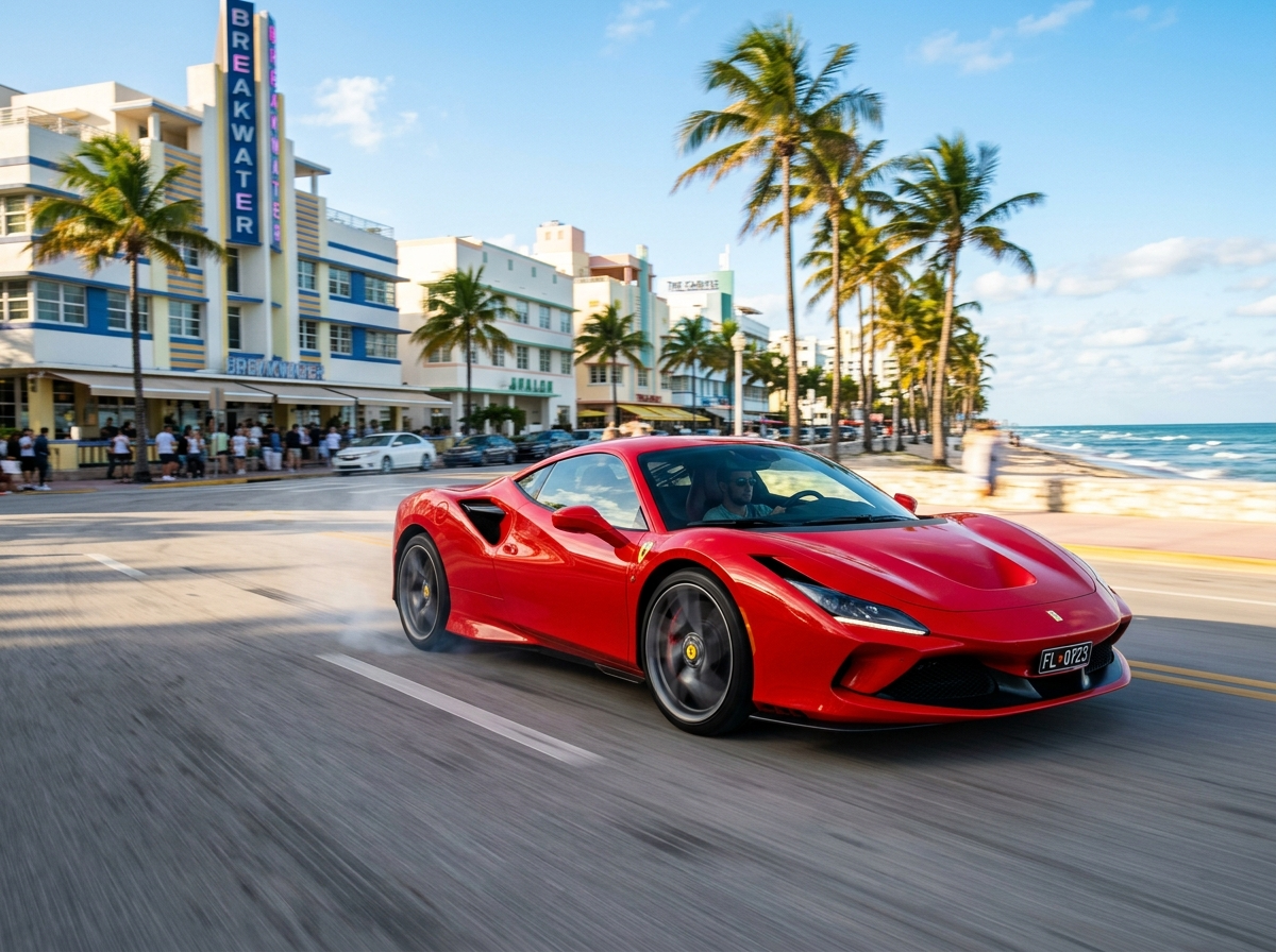 2023 Ferrari F8 Tributo in Miami Beach — red exotic supercar at speed on ocean drive