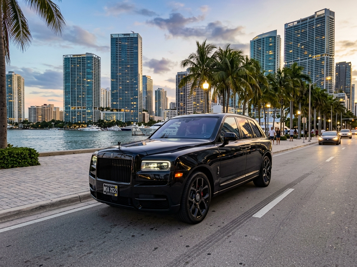 2022 Rolls-Royce Cullinan Black Badge ultra-luxury SUV in Miami — black exterior with city backdrop