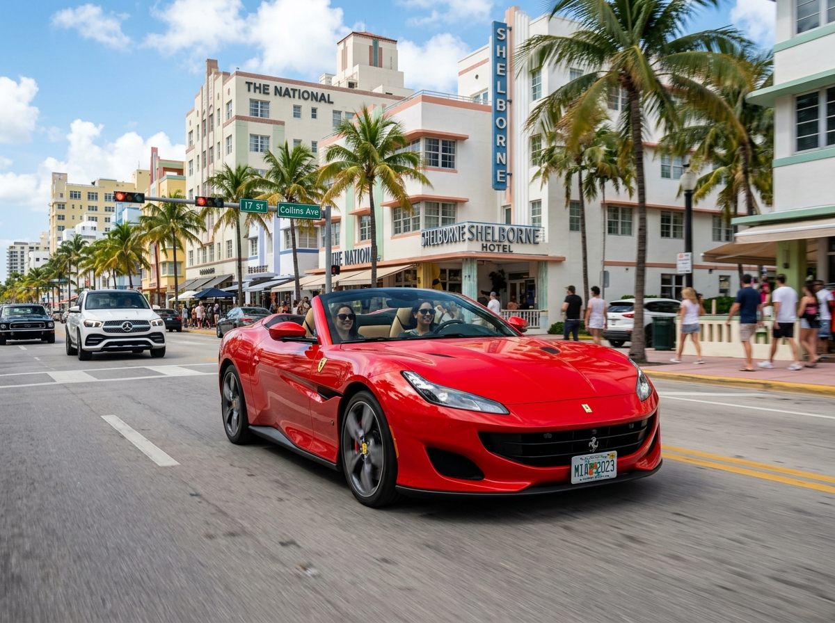 2023 Ferrari Portofino M convertible in Miami — red open-top luxury sportscar on Collins Avenue