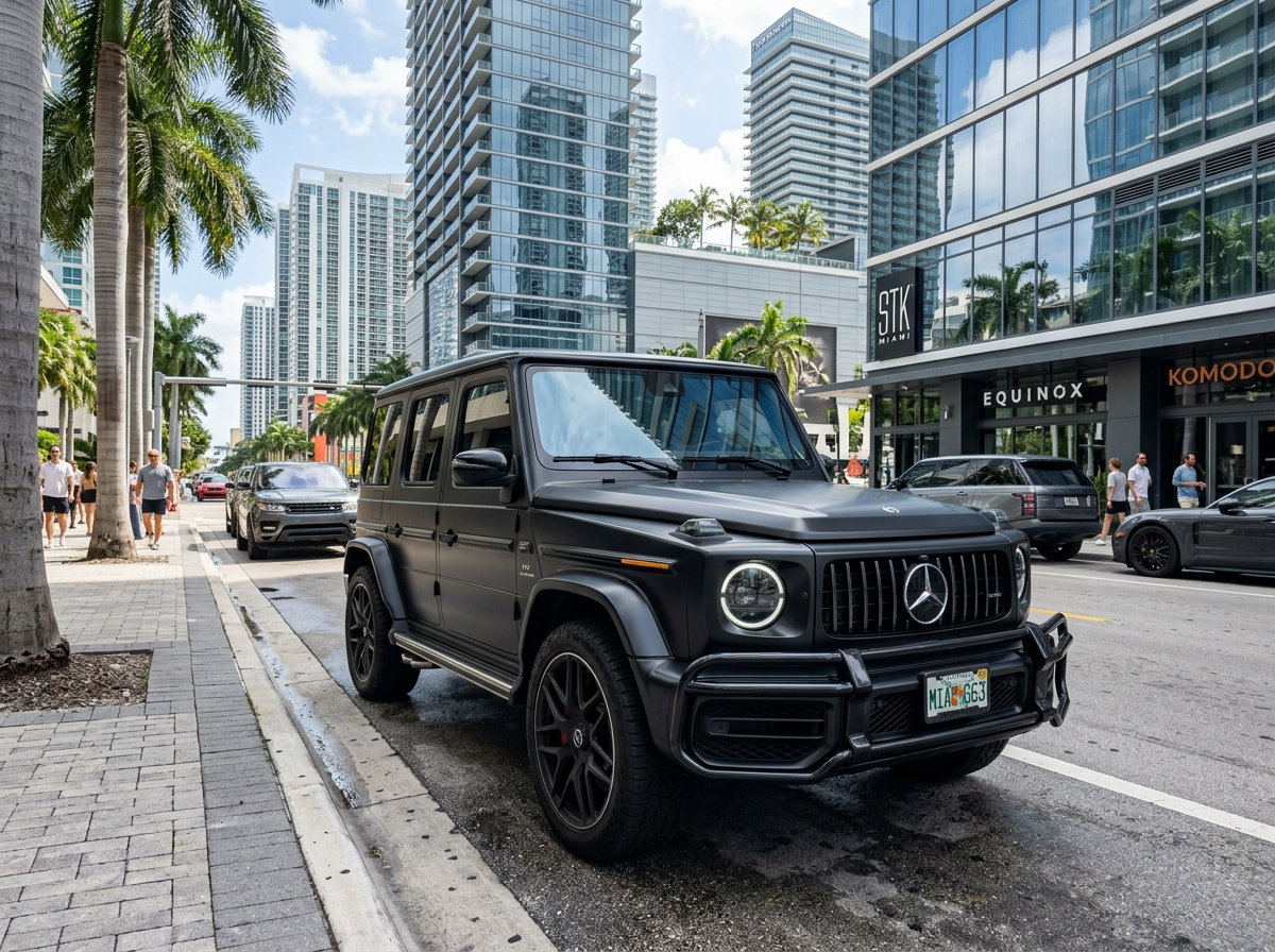 2024 Mercedes-Benz G63 AMG in Miami — matte black luxury off-road SUV at Brickell