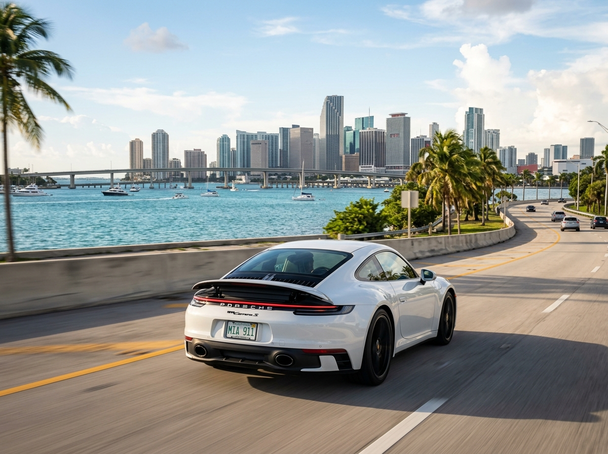 2026 Porsche 911 Carrera S in Miami — white rear-engine sports car on Biscayne Bay