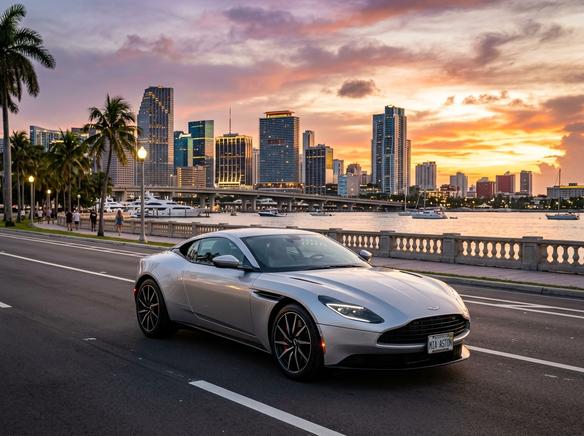 2024 Aston Martin DB11 in Miami — silver luxury grand tourer coupe at sunset