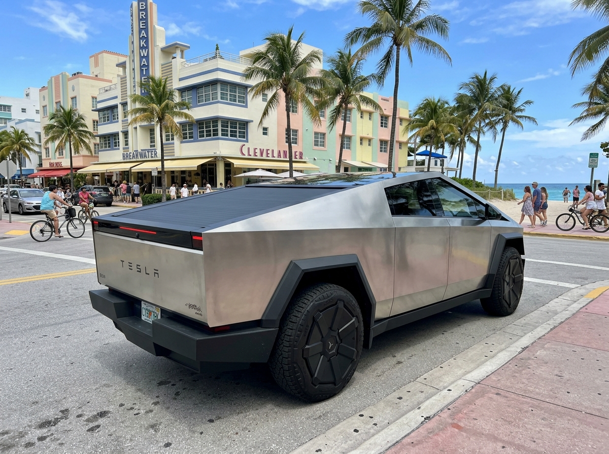 2024 Tesla Cybertruck AWD electric pickup truck in Miami — futuristic stainless steel EV