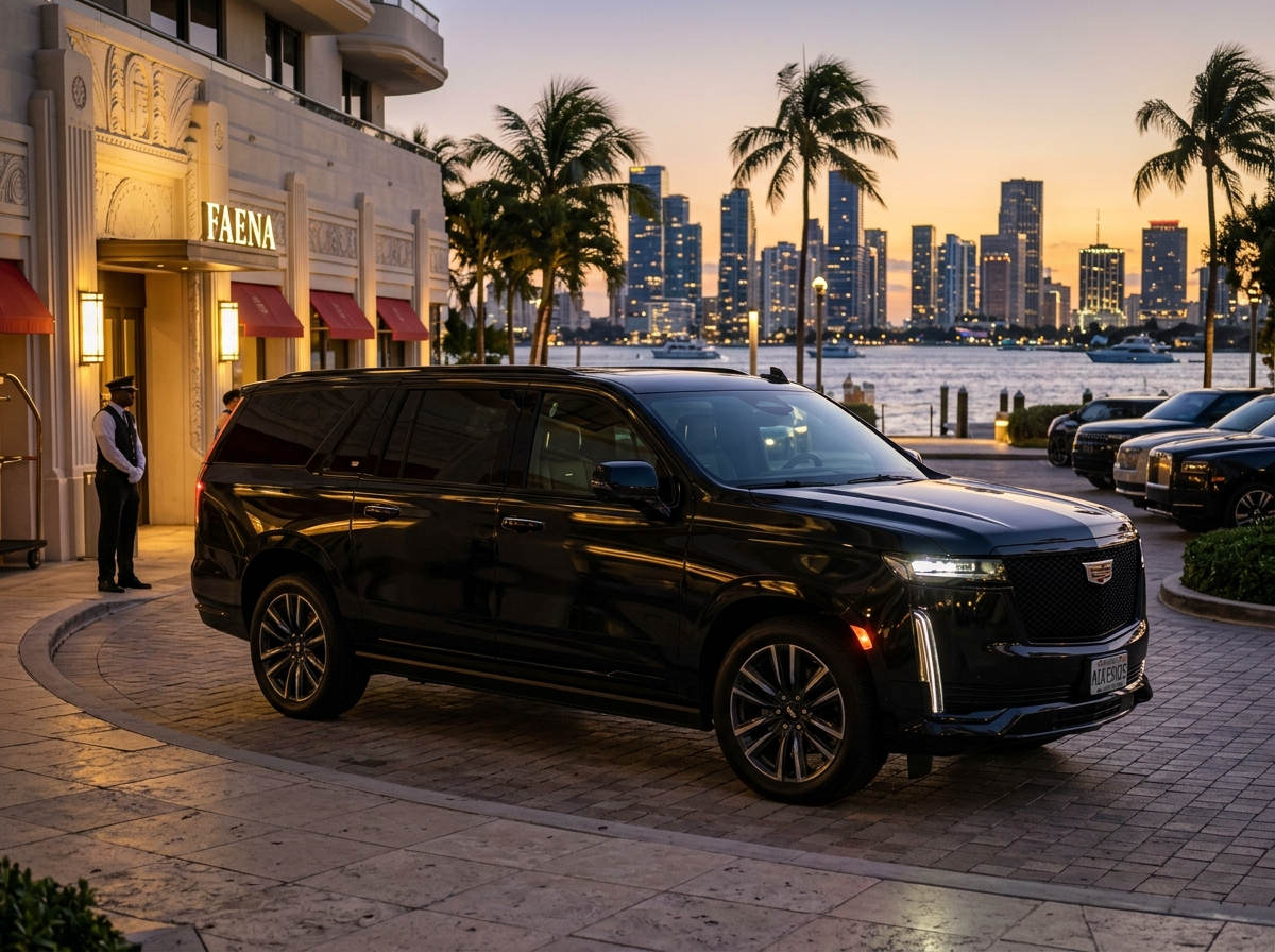 2025 Cadillac Escalade ESV long-wheelbase luxury SUV in Miami — black 7-seat executive vehicle