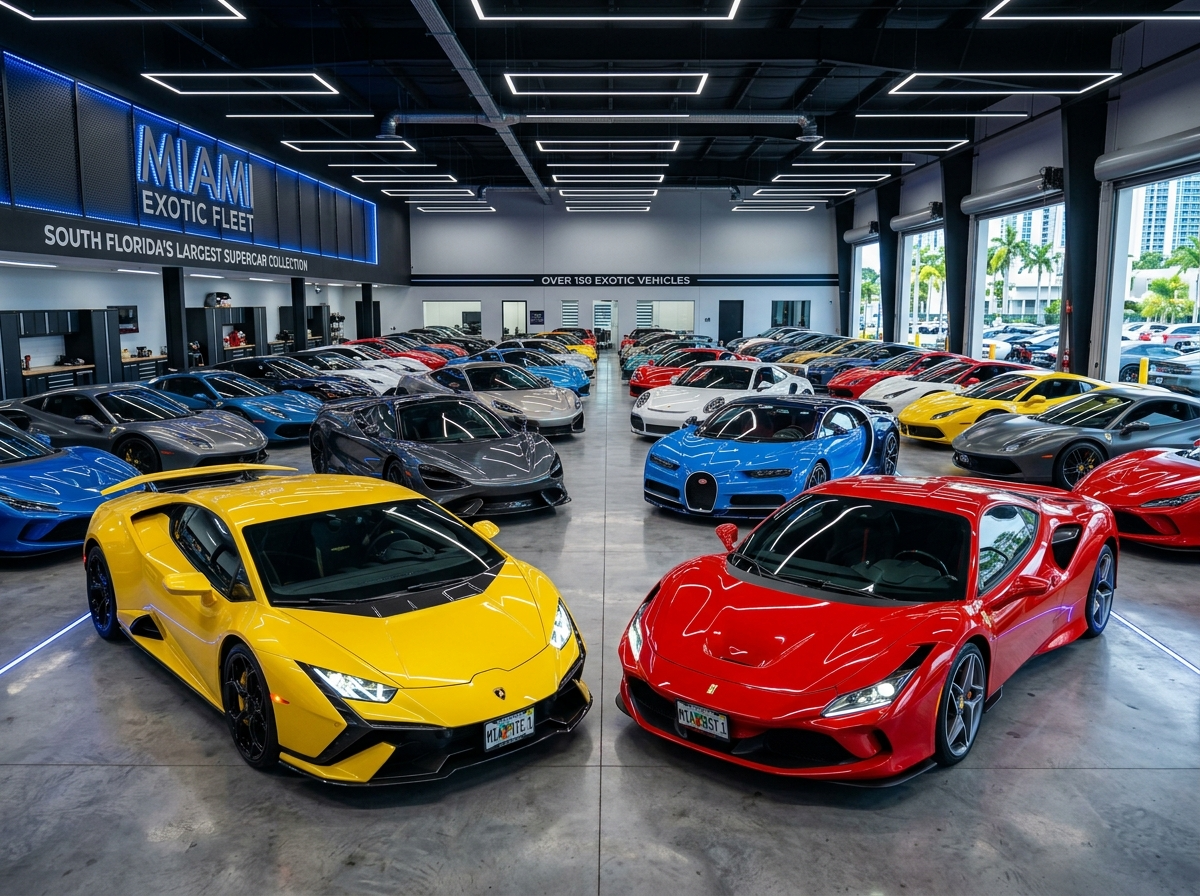 Exotic supercars lineup — Lamborghini Huracan and Ferrari F8 in Miami garage — largest exotic fleet in South Florida