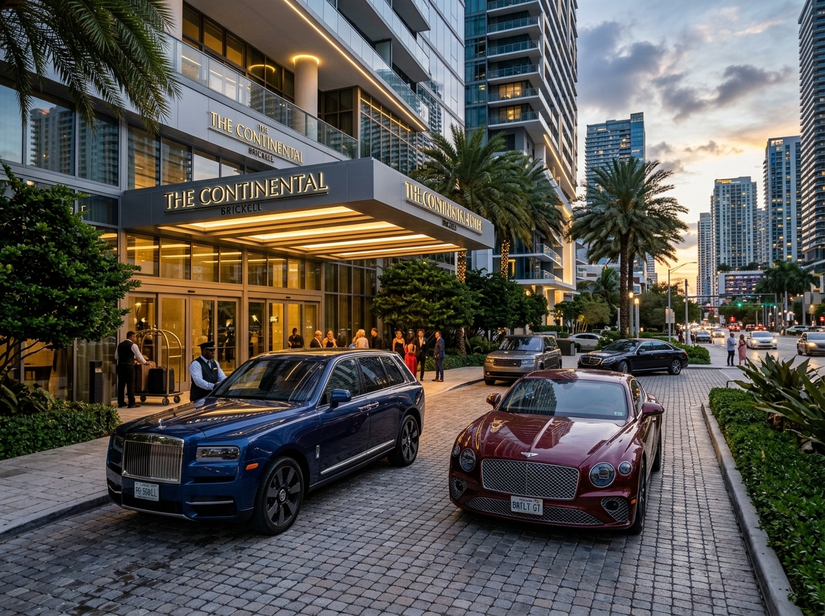 Rolls-Royce Cullinan and Bentley Continental GT parked in front of Brickell luxury hotel — ultra-luxury vehicles Miami