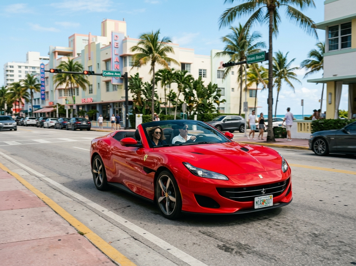 Ferrari Portofino M convertible with top down on Collins Avenue Miami Beach — open air luxury driving
