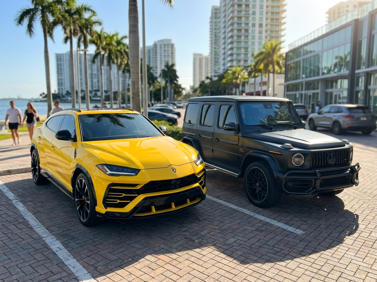Lamborghini Urus SE and Mercedes-Benz G63 AMG luxury SUVs parked together in Miami — powerful group transport