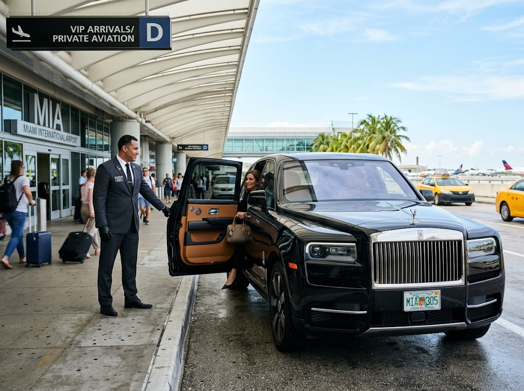 Professional chauffeur opening door of Rolls-Royce Cullinan at Miami International Airport — VIP chauffeur service