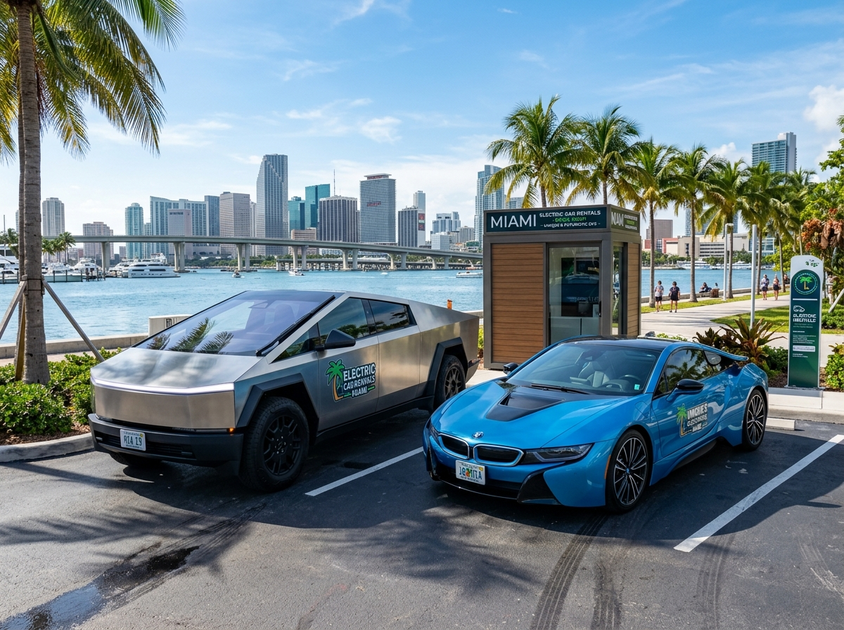 Tesla Cybertruck and BMW i8 futuristic electric vehicles in Miami — unique and electric car rentals South Florida