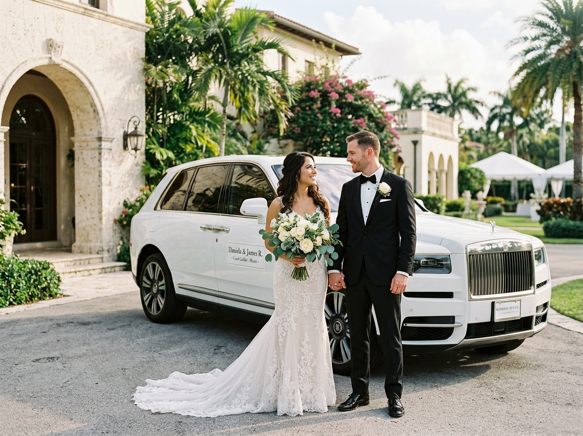 Daniela and James R. wedding couple — Rolls-Royce Cullinan rental for Coral Gables wedding Miami